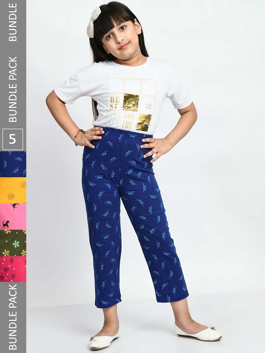 

BAESD Girls Pack Of 5 Printed Pure Cotton Mid-Rise Lounge Pants, Blue