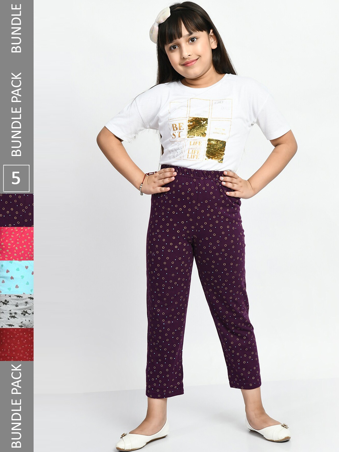 

BAESD Girls Mid-Rise Pack Of 5 Printed Cotton Lounge Pants, Purple