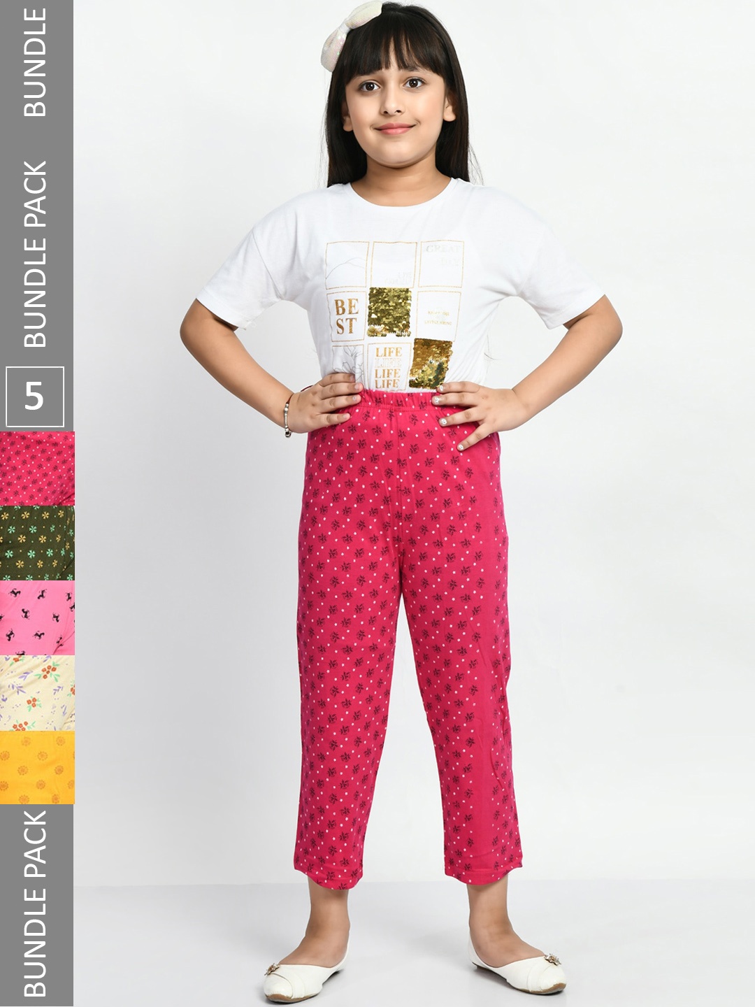 

BAESD Girls Pack Of 5 Printed Pure Cotton Lounge Pants, Pink