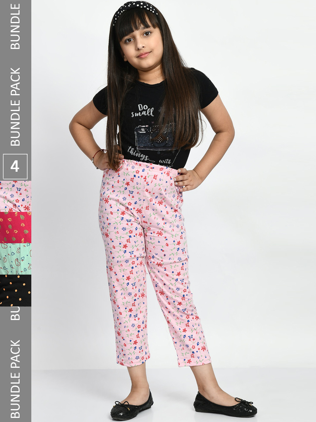 

BAESD Girls Mid-Rise Pack Of 4 Printed Pure Cotton Lounge Pants, Pink