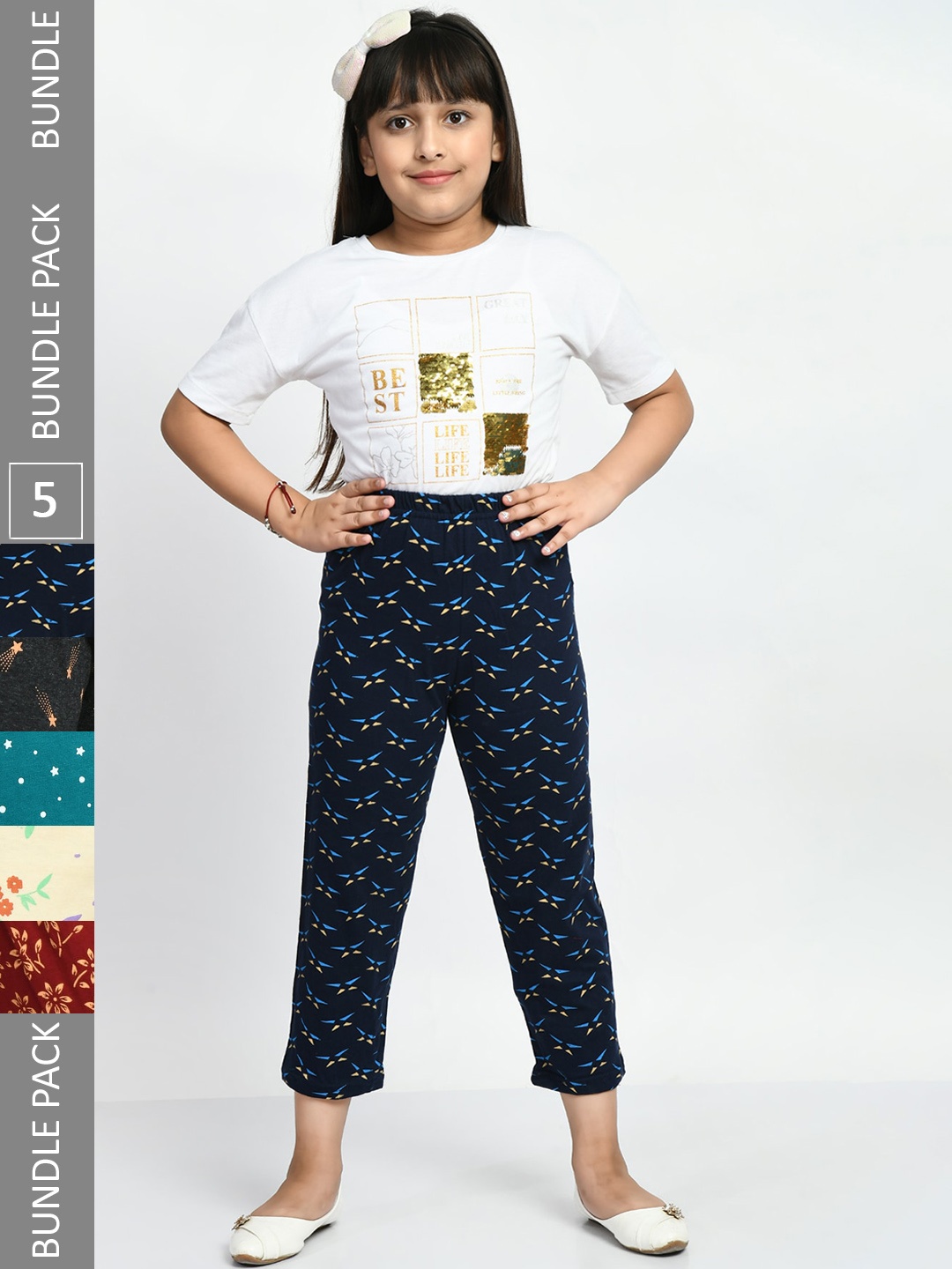 

BAESD Girls Pack Of 5 Printed Pure Cotton Lounge Pants, Navy blue