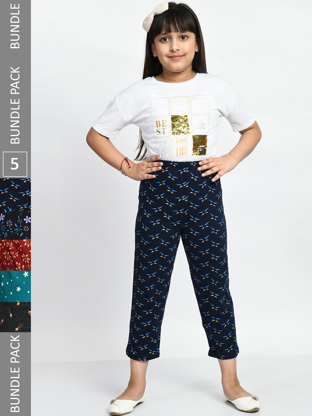 

BAESD Girls Pack Of 5 Printed Pure Cotton Lounge Pants, Navy blue