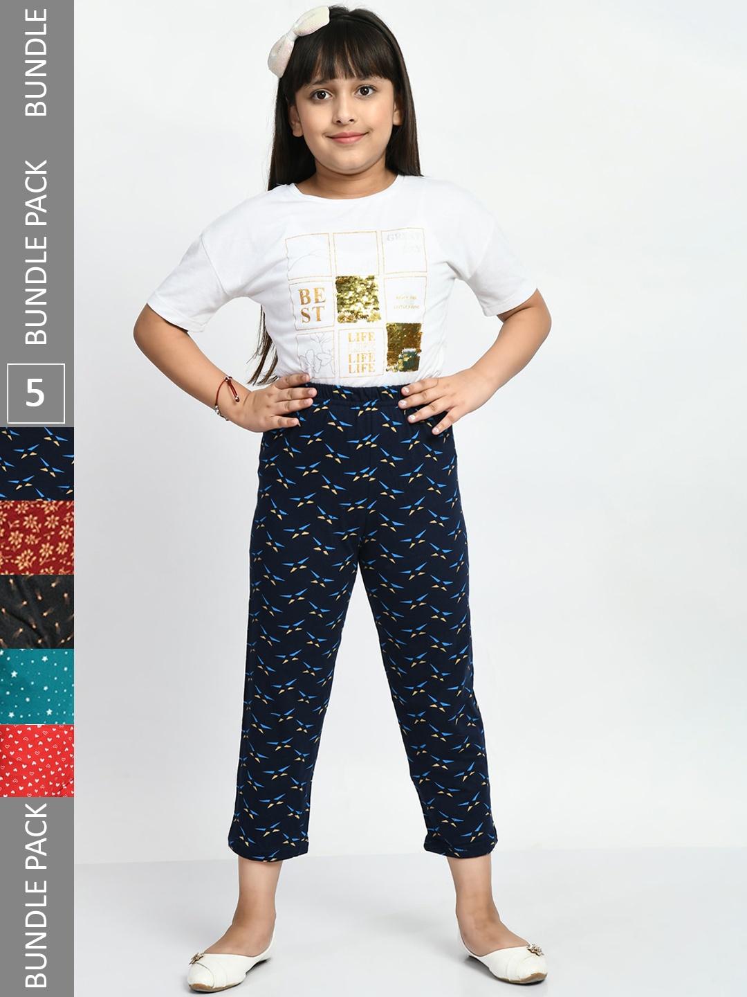 

BAESD Girls Pack Of 5 Printed Pure Cotton Lounge Pants, Navy blue
