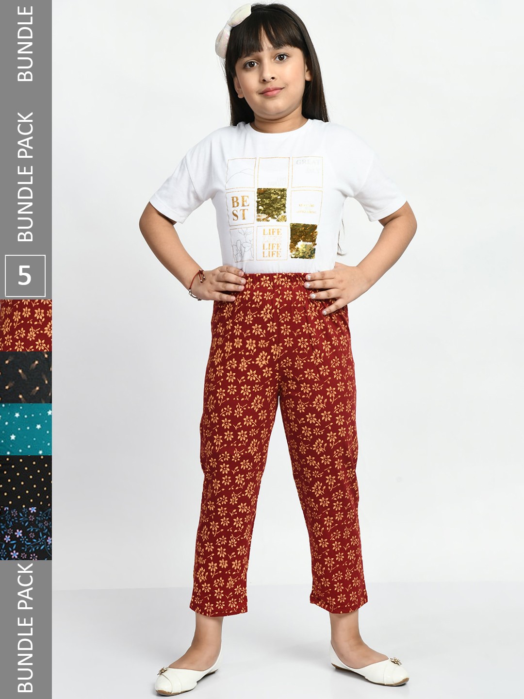 

BAESD Girls Pack Of 5 Printed Pure Cotton Lounge Pants, Multi