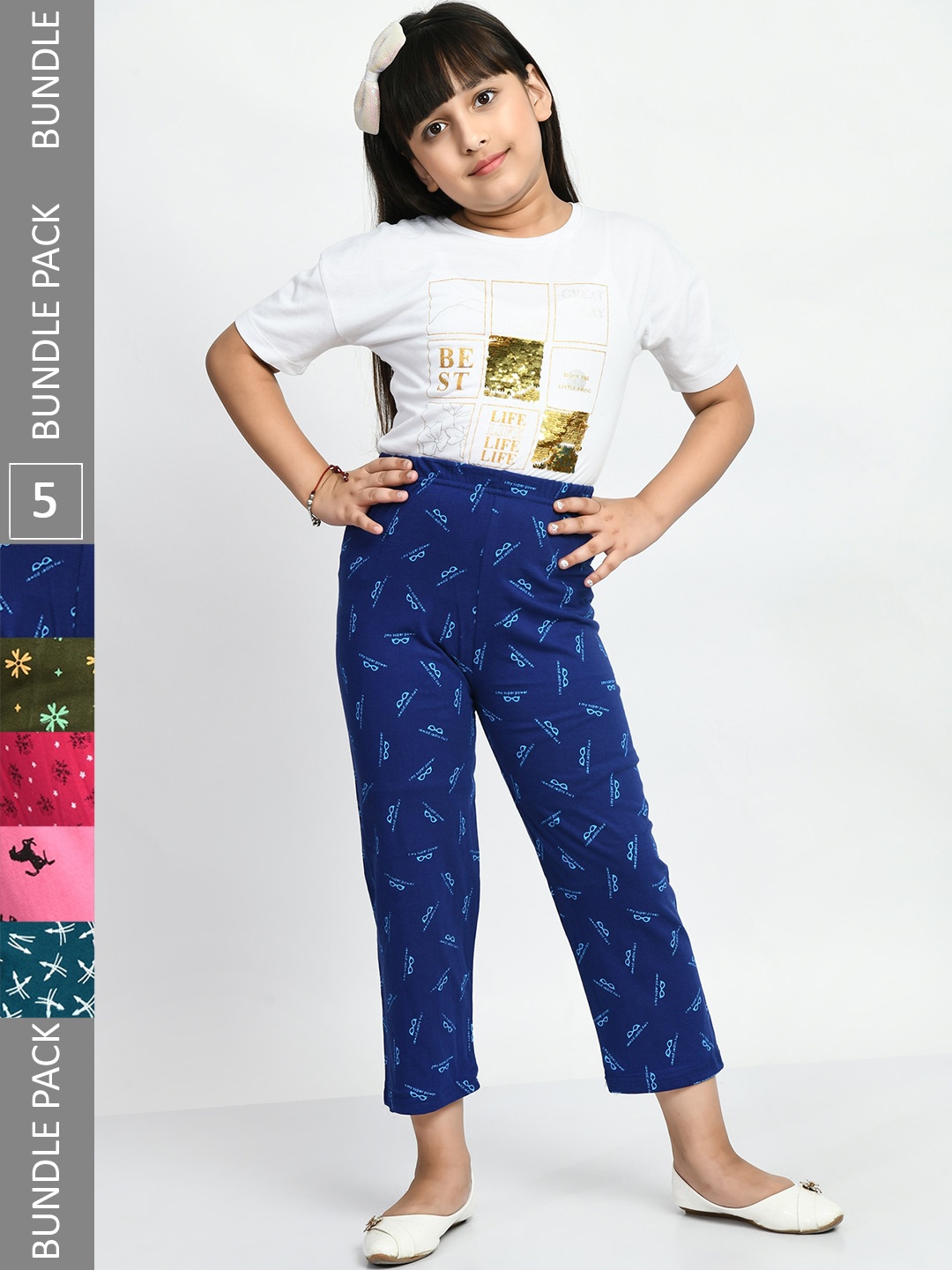 

BAESD Girls Set Of 5 Printed Cotton Lounge Pants, Blue