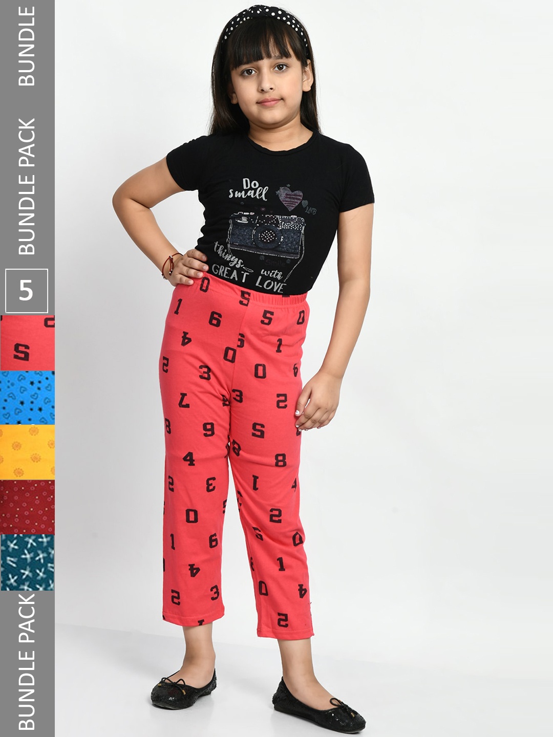 

BAESD Girls Pack Of 5 Conversational Printed Pure Cotton Lounge Pants, Red