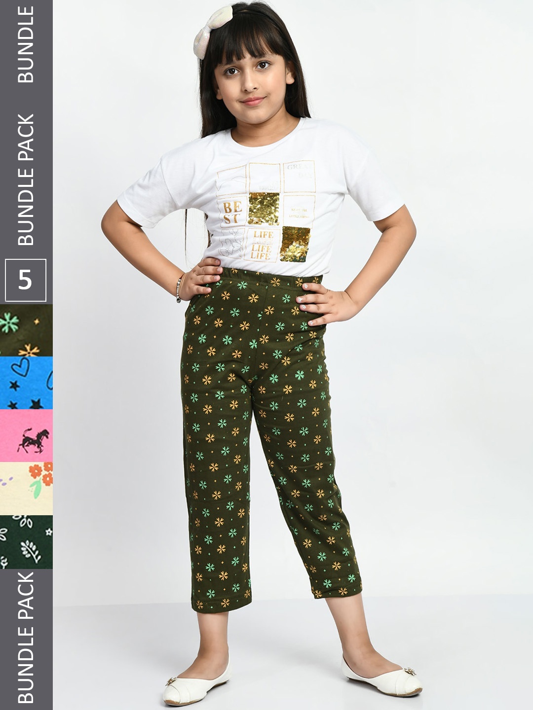 

BAESD Girls Set Of 5 Printed Pure Cotton Lounge Pants, Green