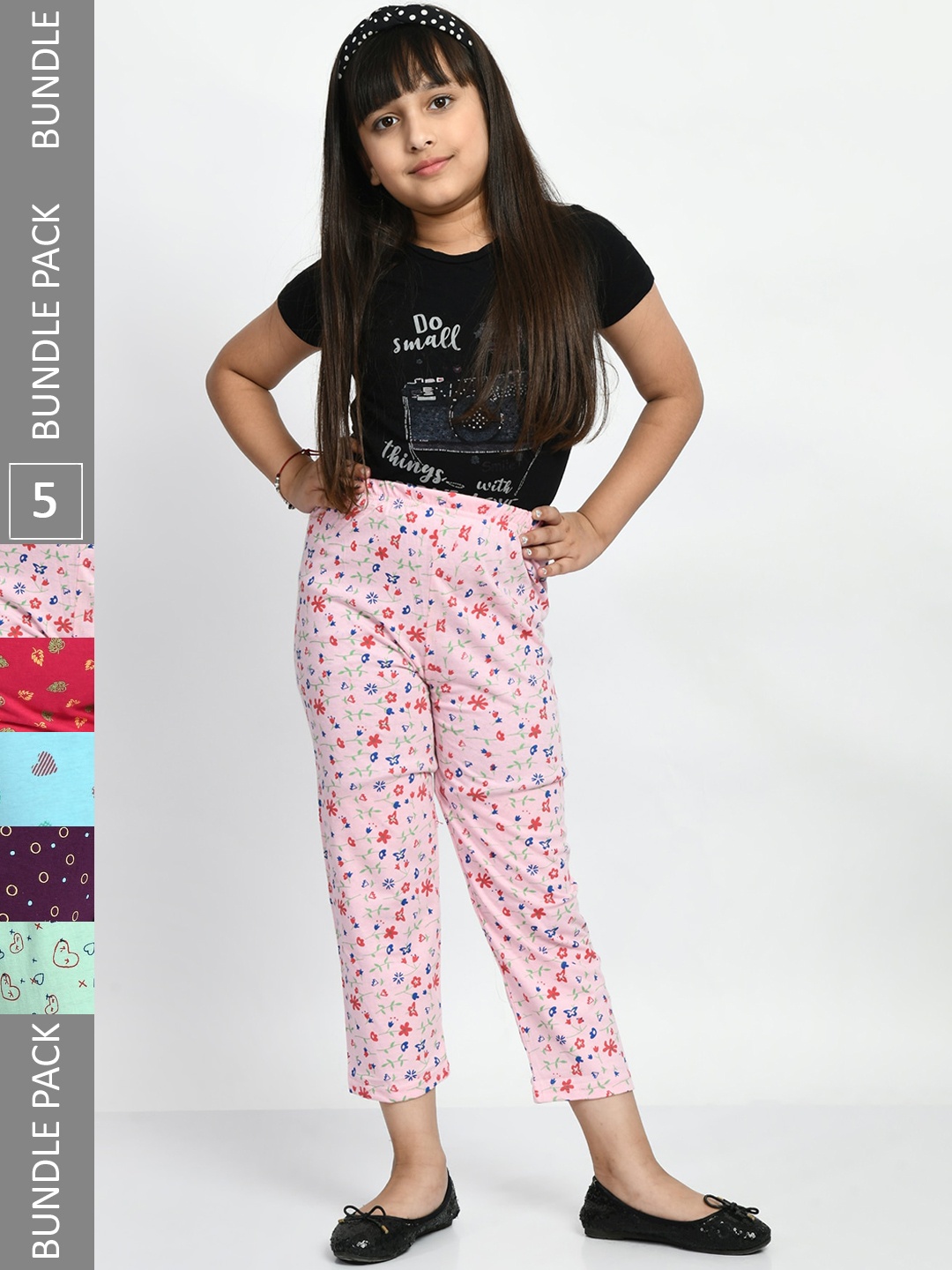 

BAESD Girls Pack Of 5 Printed Pure Cotton Mid-Rise Lounge Pants, Pink