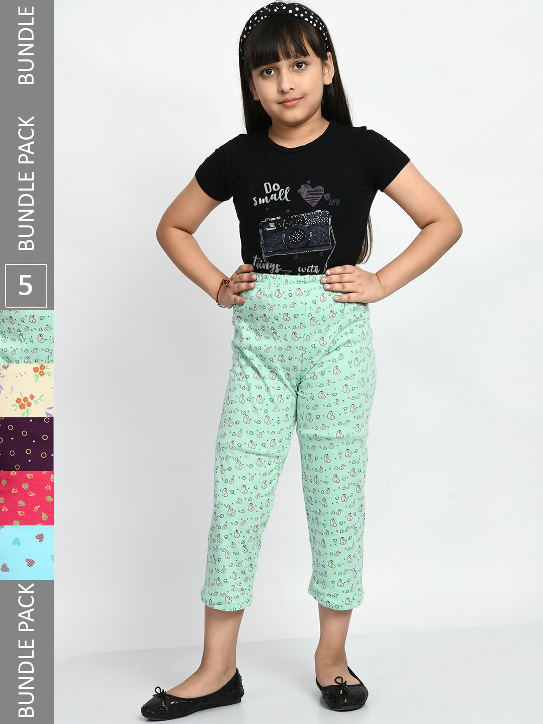 

BAESD Girls Pack Of 5 Printed Pure Cotton Lounge Pants, Green