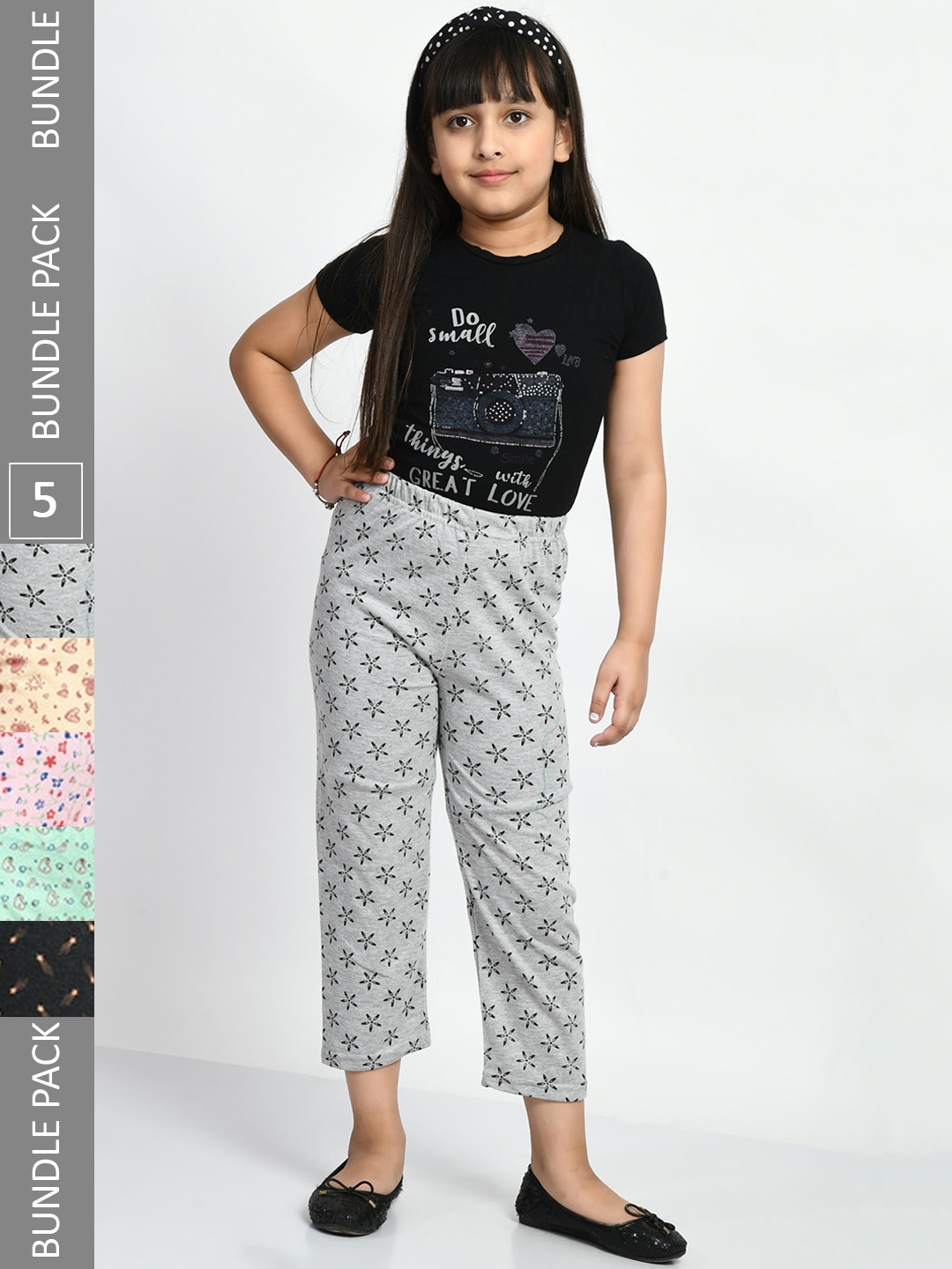 

BAESD Girls Pack Of 5 Printed Pure Cotton Mid-Rise Lounge Pants, Grey