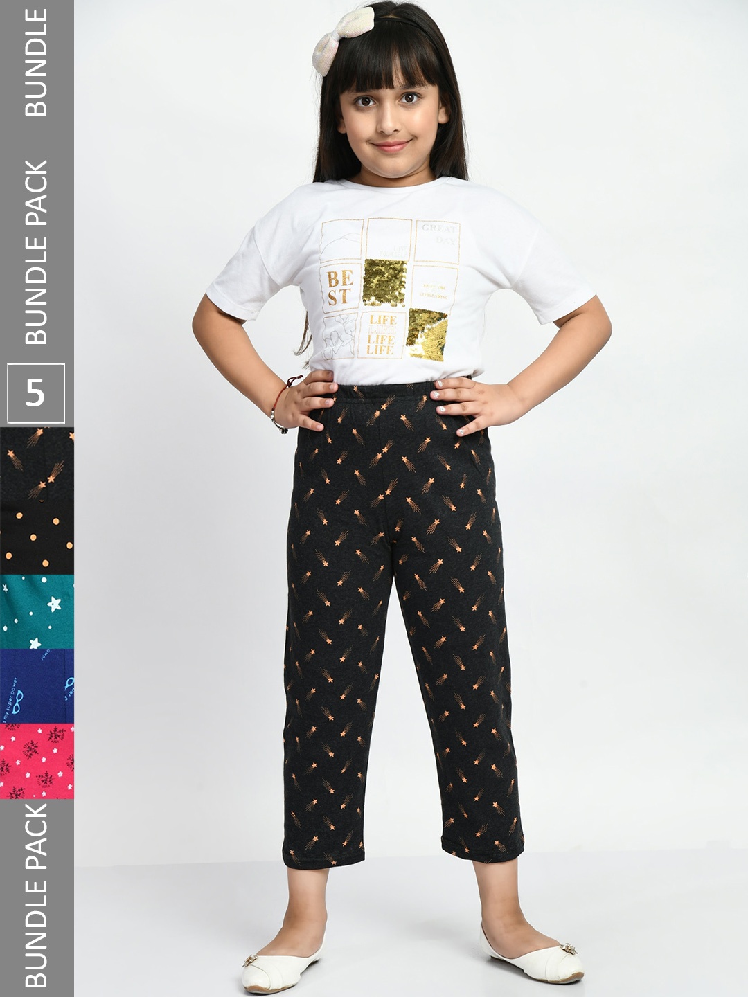 

BAESD Girls Pack Of 5 Printed Pure Cotton Lounge Pants, Black