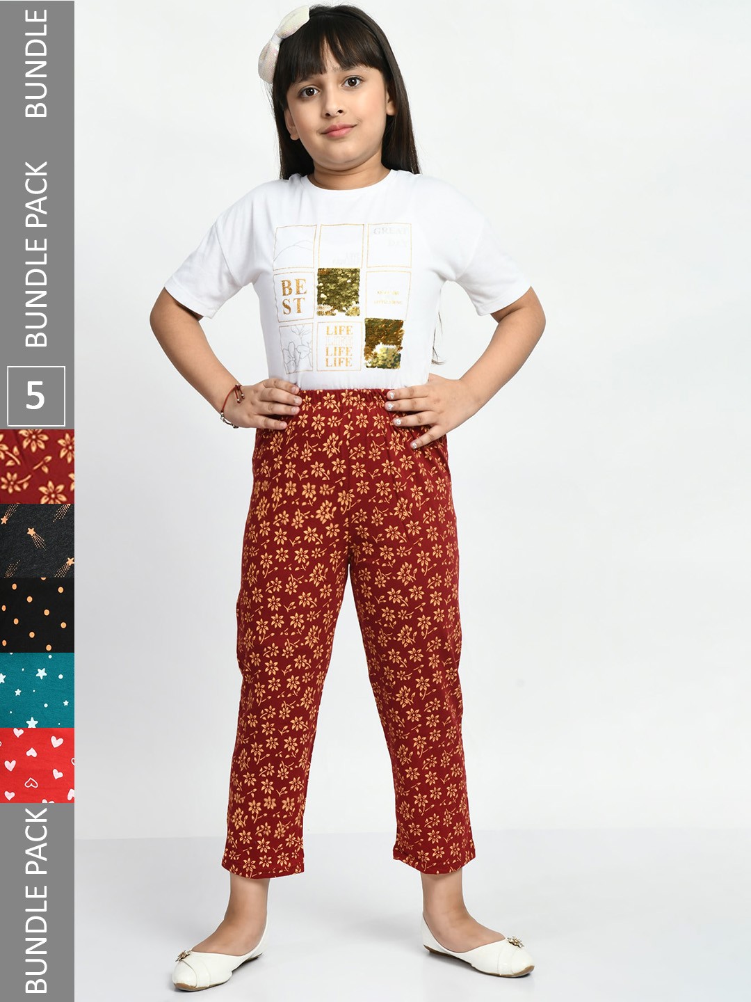 

BAESD Girls Pack Of 5 Printed Pure Cotton Mid-Rise Lounge Pants, Red