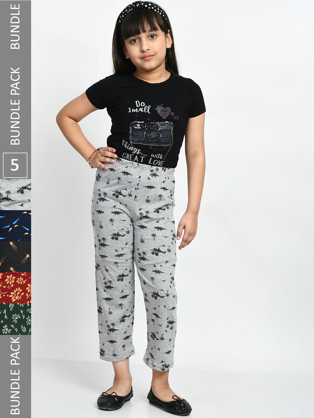 

BAESD Girls Pack Of 5 Printed Pure Cotton Mid-Rise Lounge Pants, Grey