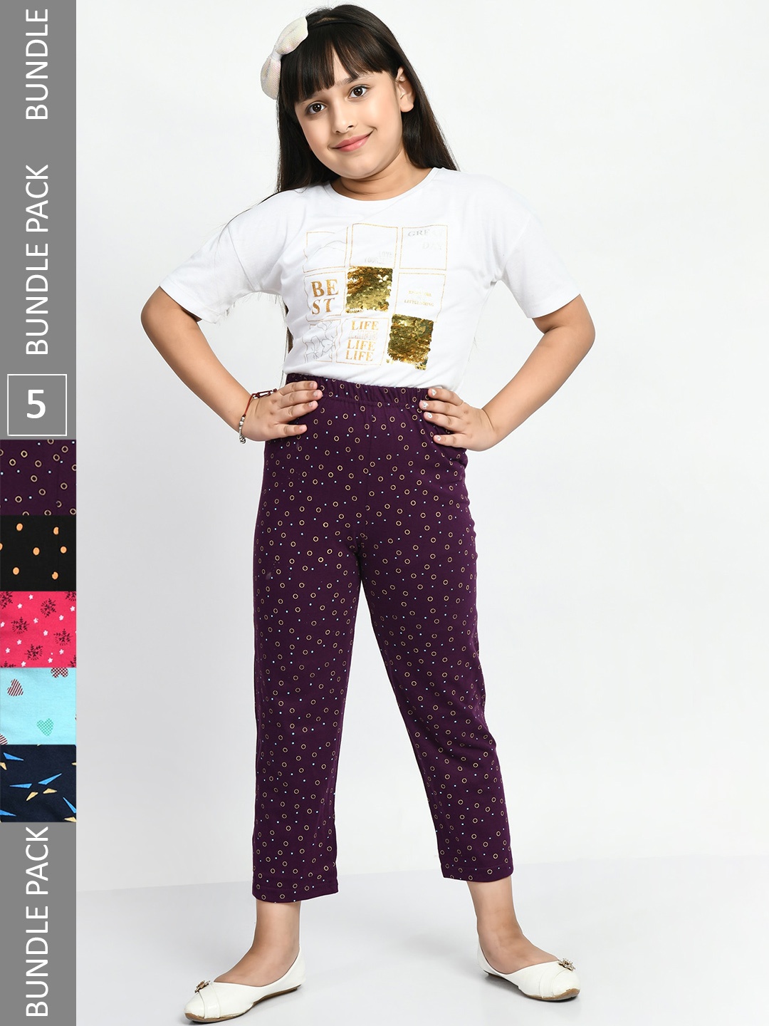 

BAESD Girls Pack Of 5 Printed Pure Cotton Lounge Pants, Purple