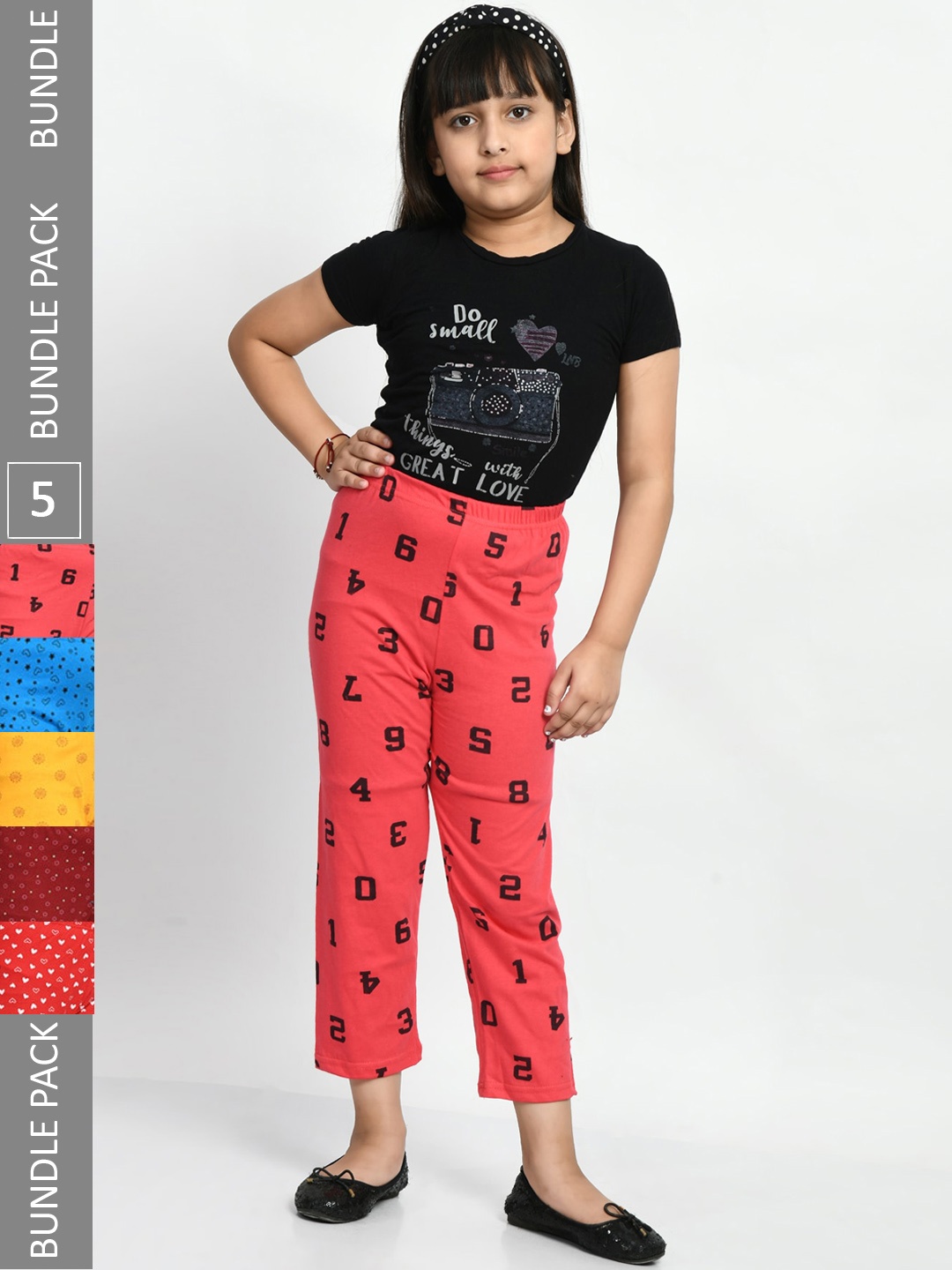 

BAESD Girls Pack Of 5 Printed Pure Cotton Lounge Pants, Multi