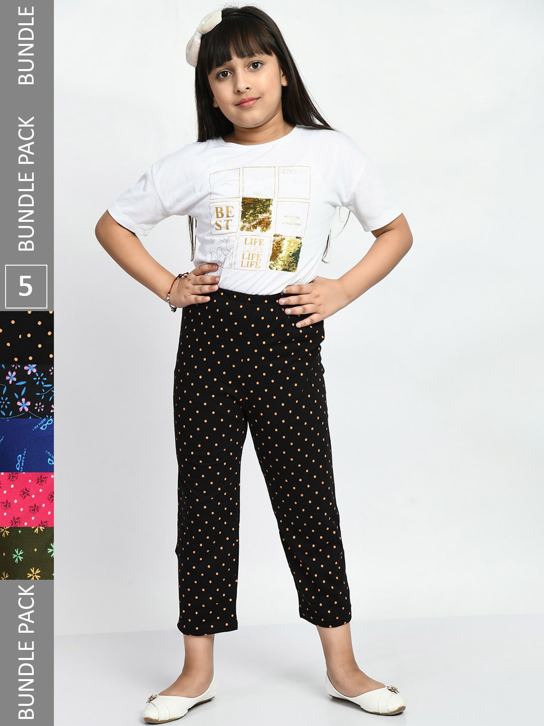 

BAESD Girls Mid-Rise Pack Of 5 Printed Cotton Lounge Pants, Black