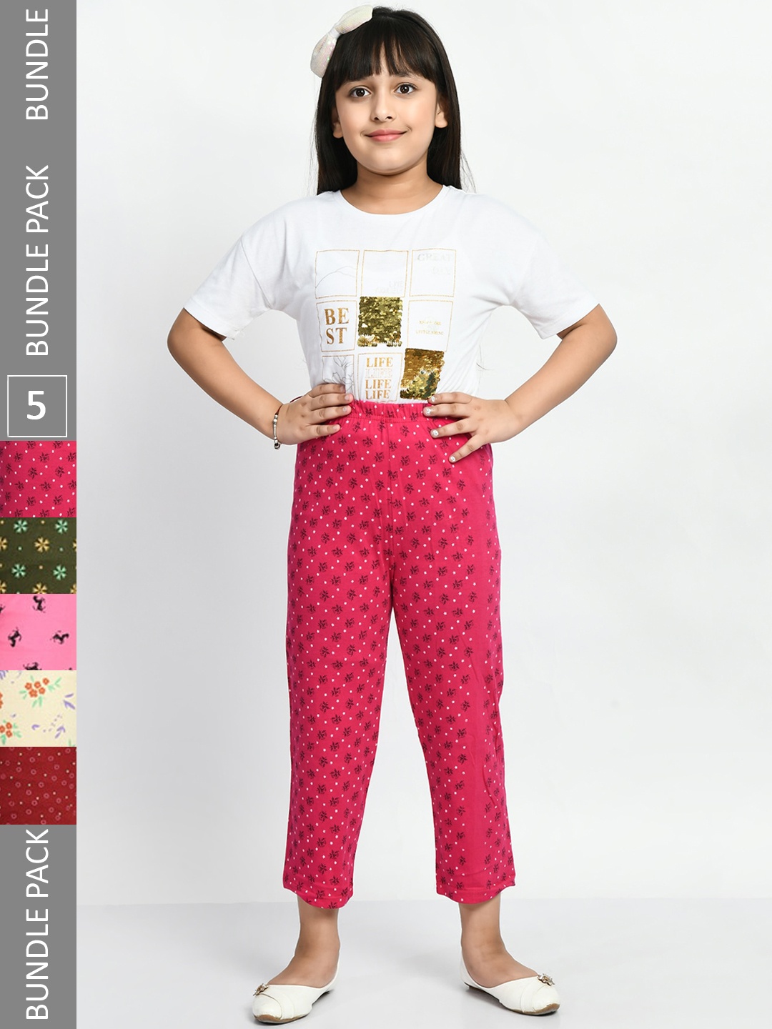 

BAESD Girls Pack Of 5 Printed Pure Cotton Lounge Pants, Pink