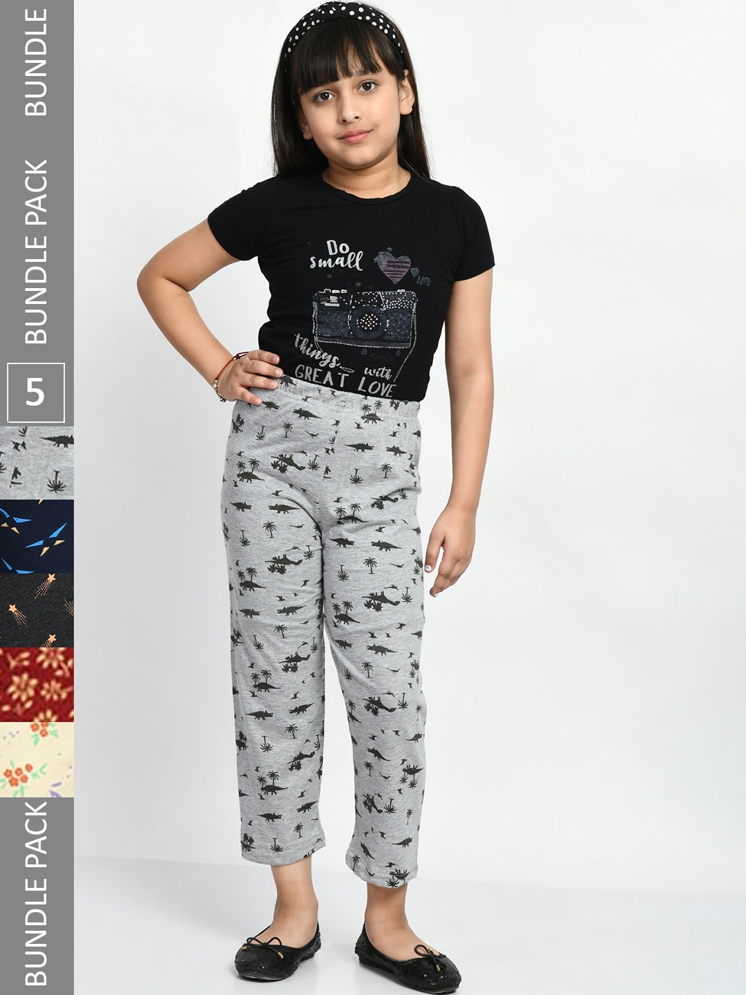 

BAESD Girls Mid-Rise Pack Of 5 Printed Cotton Lounge Pants, Grey