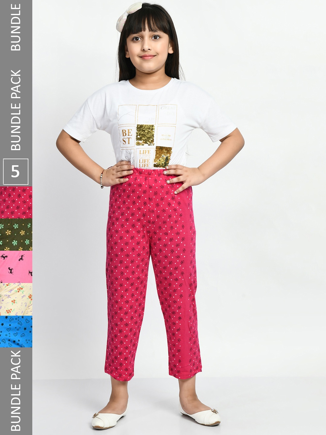 

BAESD Girls Pack Of 5 Printed Pure Cotton Lounge Pants, Pink