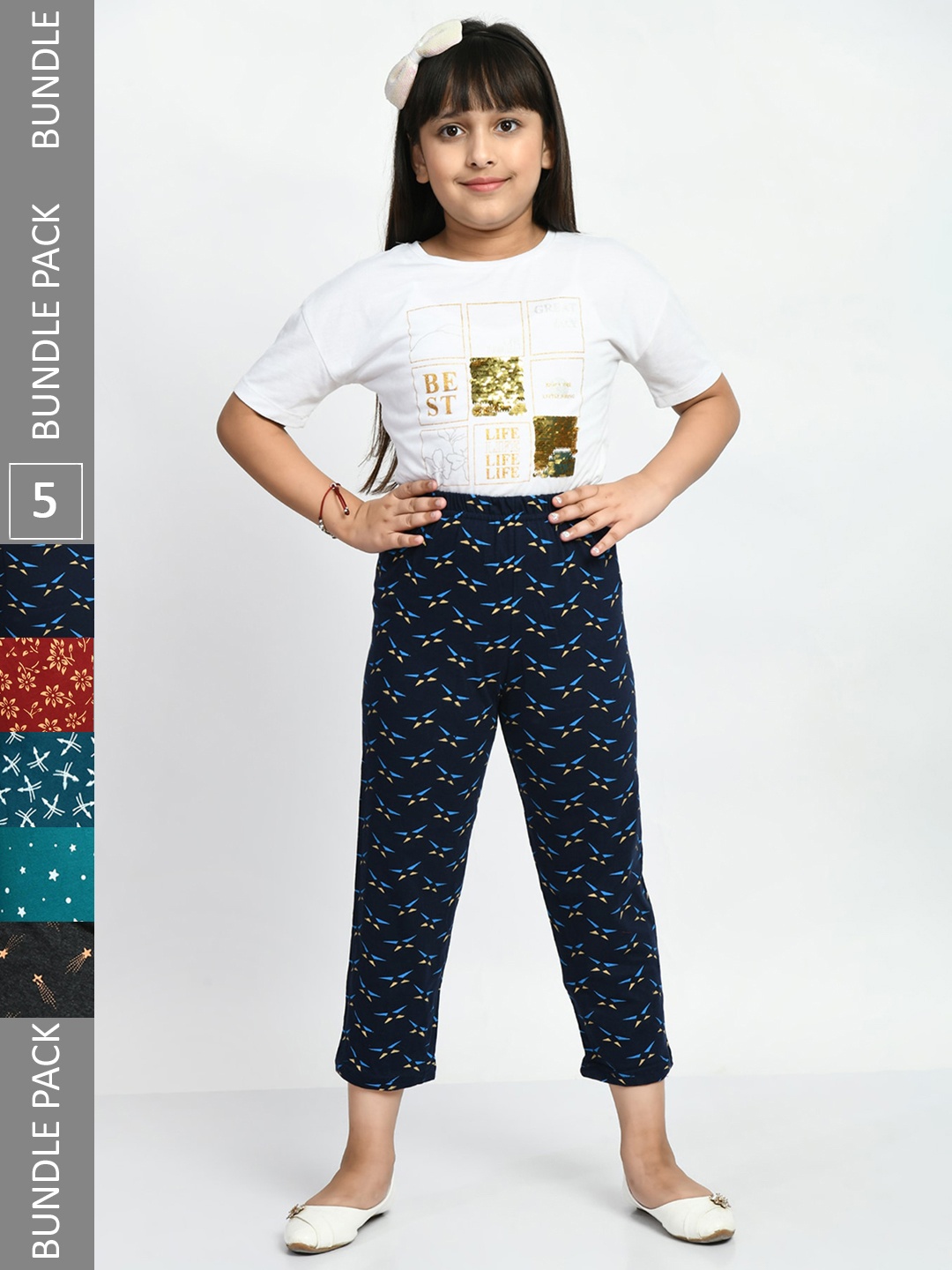 

BAESD Girls Pack Of 5 Printed Pure Cotton Lounge Pants, Navy blue