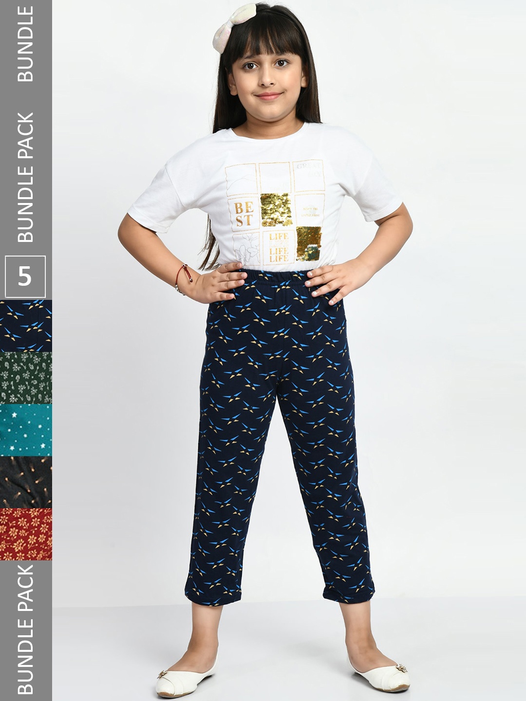

BAESD Girls Pack Of 5 Printed Pure Cotton Lounge Pants, Blue