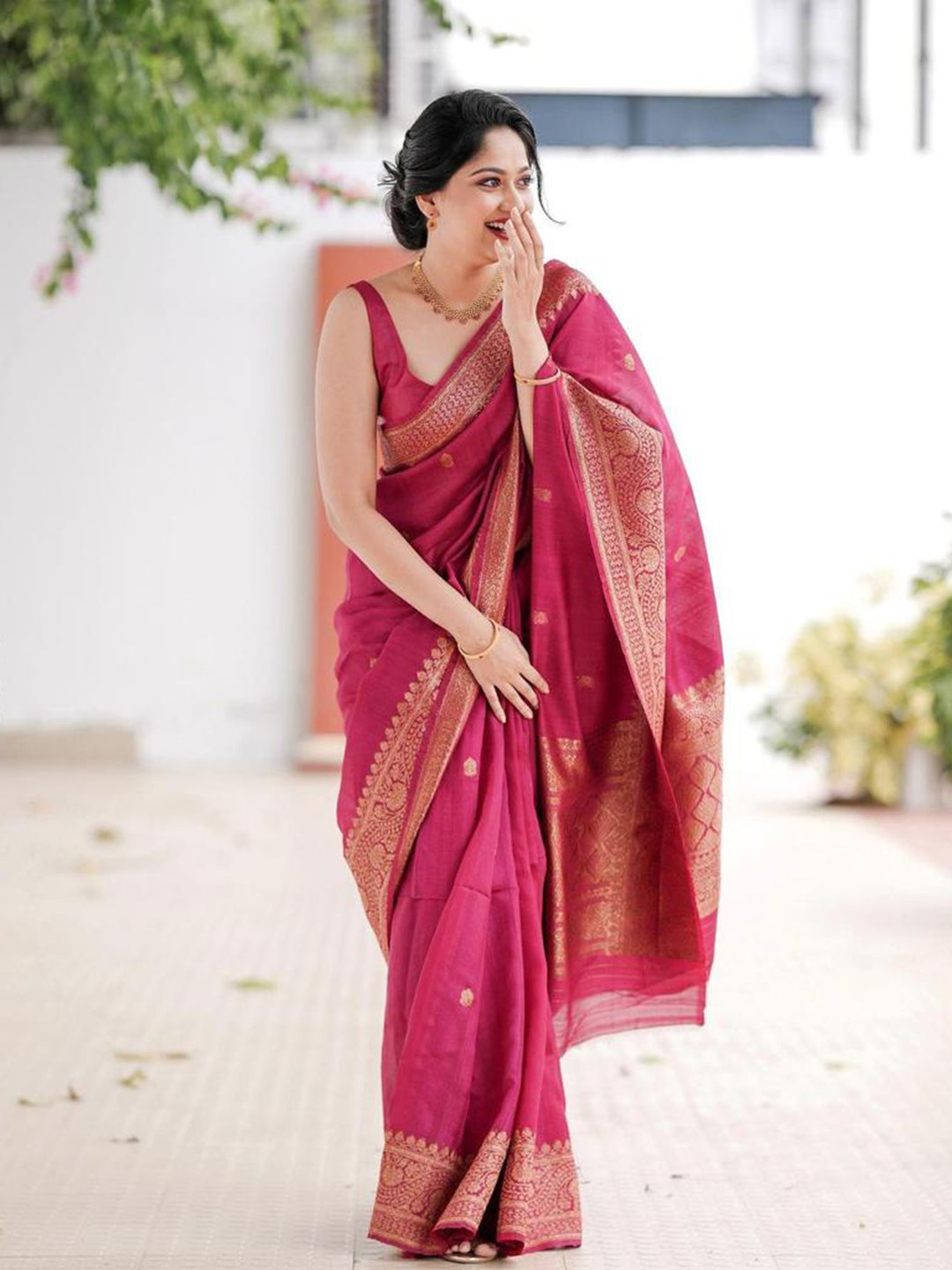 

MORLY Ethnic Woven Design Zari Kanjeevaram Saree, Pink