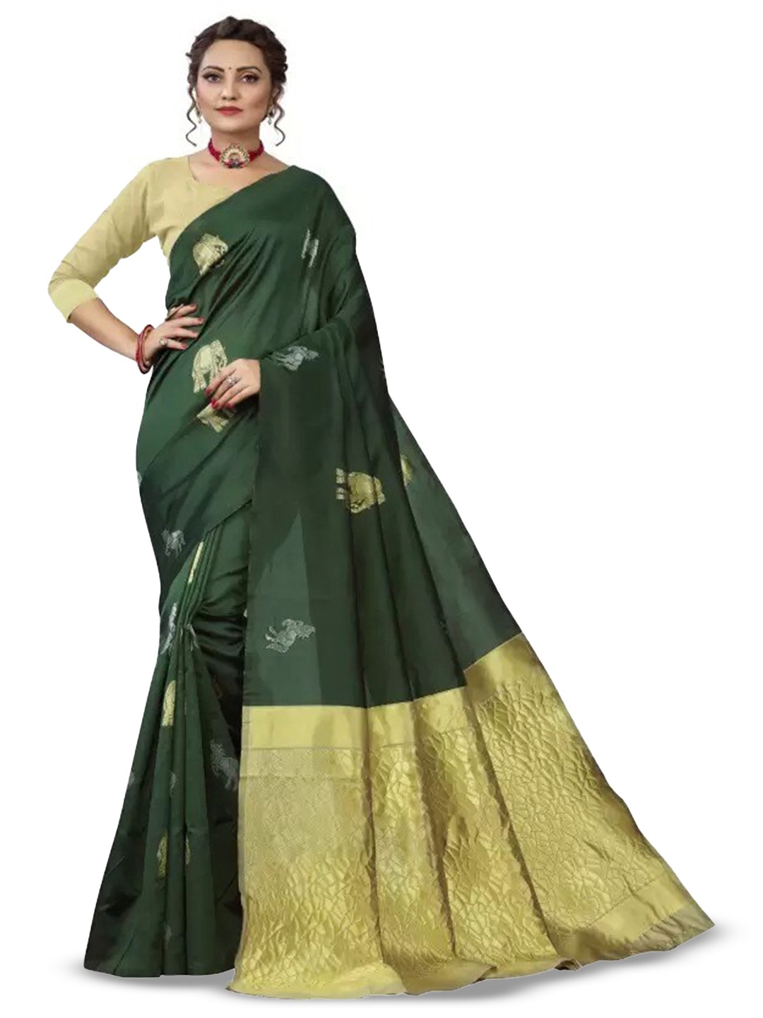 

MORLY Ethnic Woven Design Kanjeevaram Saree, Green