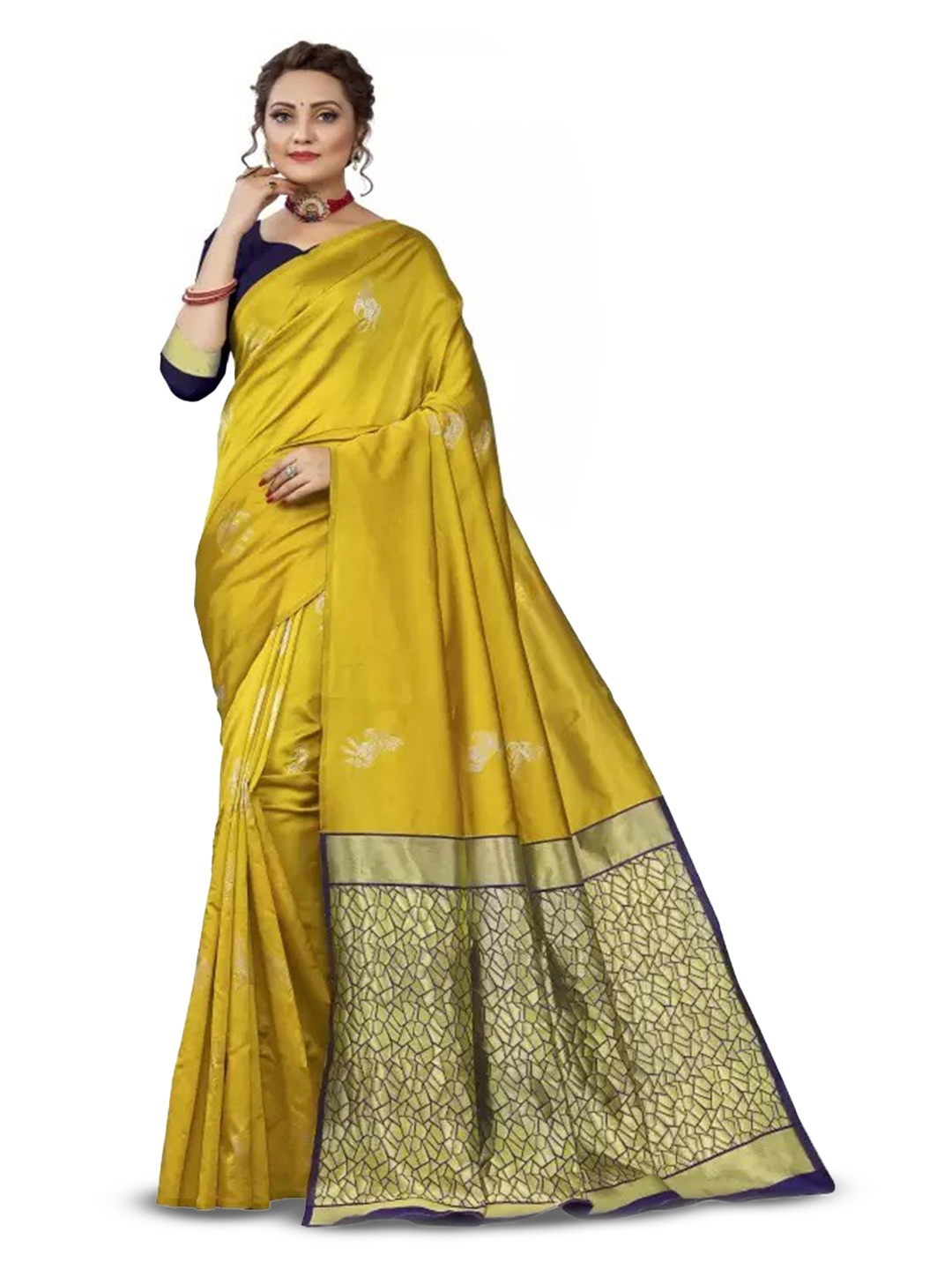 

MORLY Ethnic Woven Design Zari Kanjeevaram Saree, Mustard