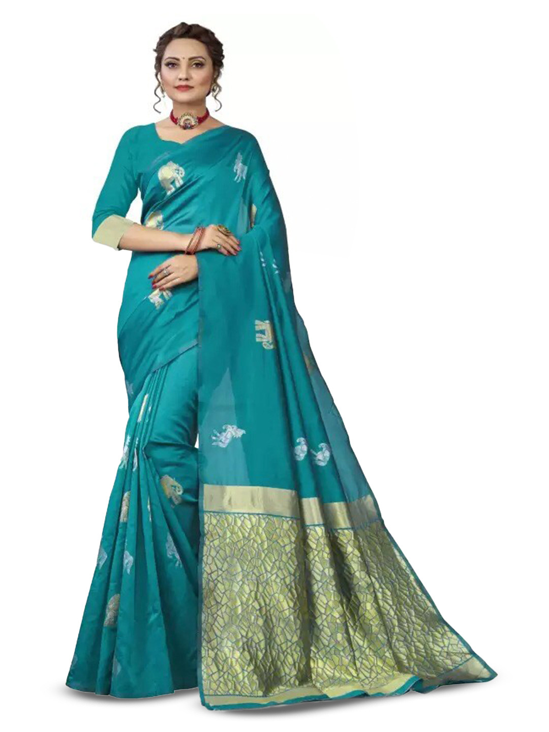 

MORLY Ethnic Woven Design Zari Kanjeevaram Saree, Turquoise blue
