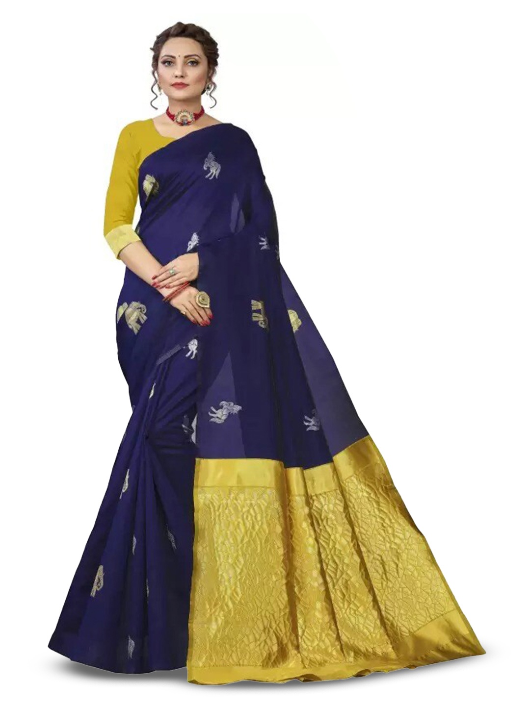

MORLY Ethnic Woven Design Zari Kanjeevaram Saree, Navy blue