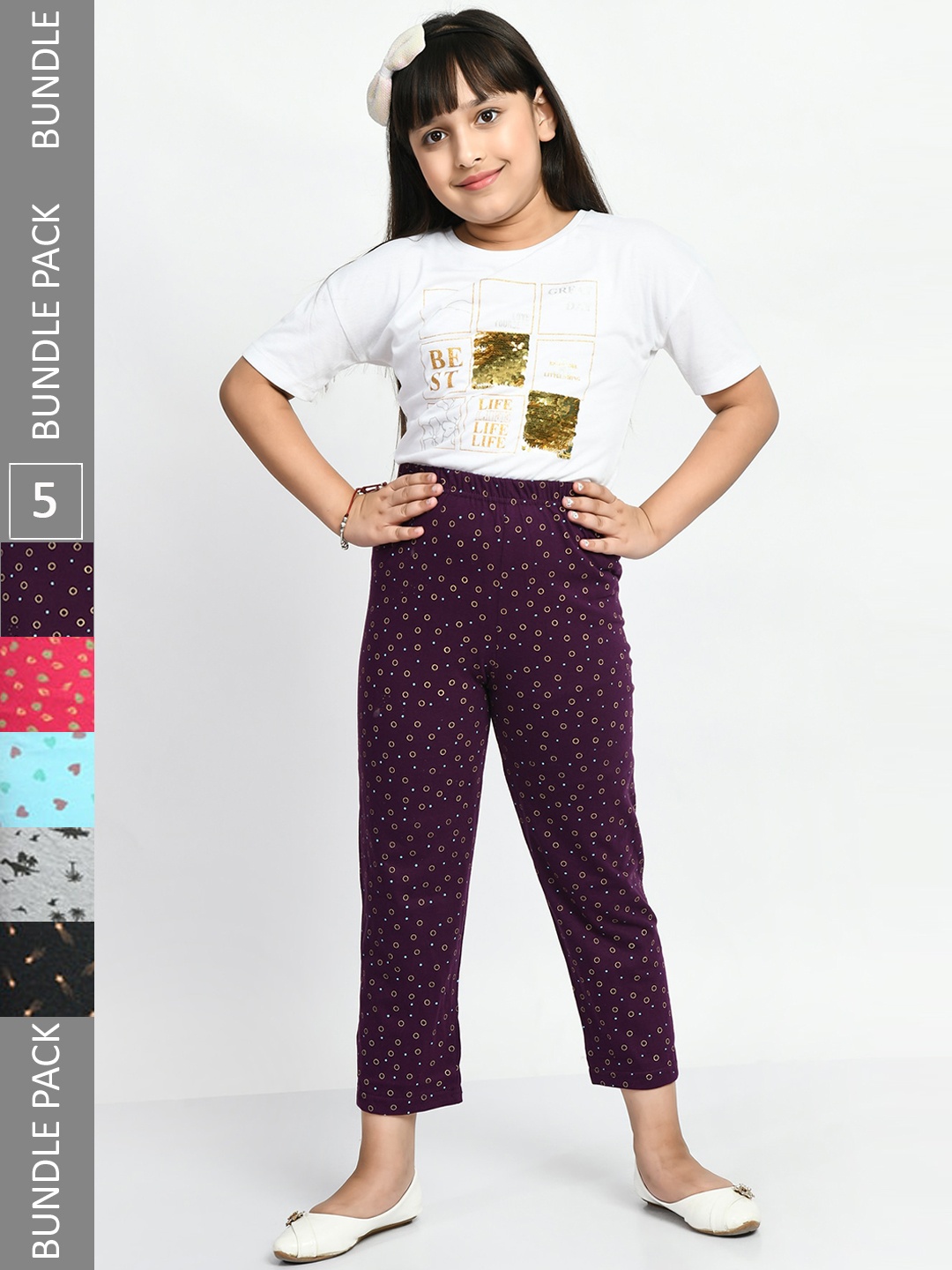 

BAESD Girls Mid-Rise Pack Of 5 Printed Cotton Lounge Pants, Multi