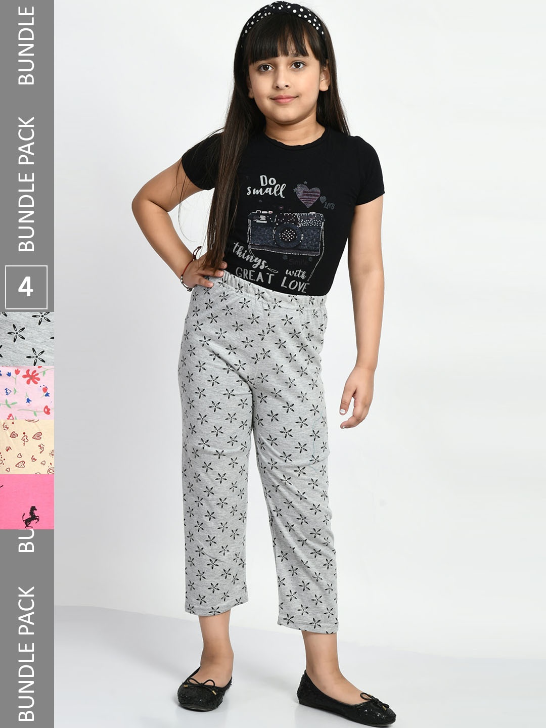 

BAESD Girls Pack Of 4 Conversatioanl Printed Pure Cotton Lounge Pants, Grey