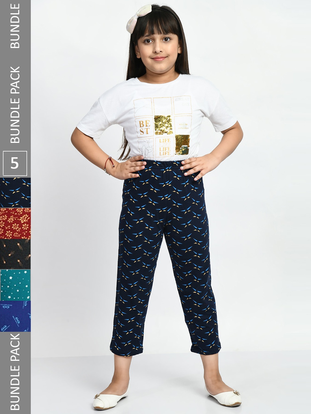 

BAESD Girls Pack Of 5 Printed Pure Cotton Mid-Rise Lounge Pants, Navy blue