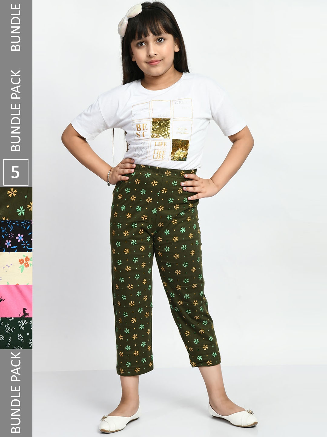 

BAESD Girls Pack Of 5 Printed Cotton Lounge Pants, Green