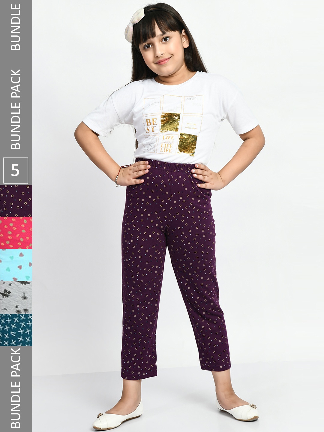 

BAESD Girls Pack Of 5 Printed Pure Cotton Lounge Pants, Purple