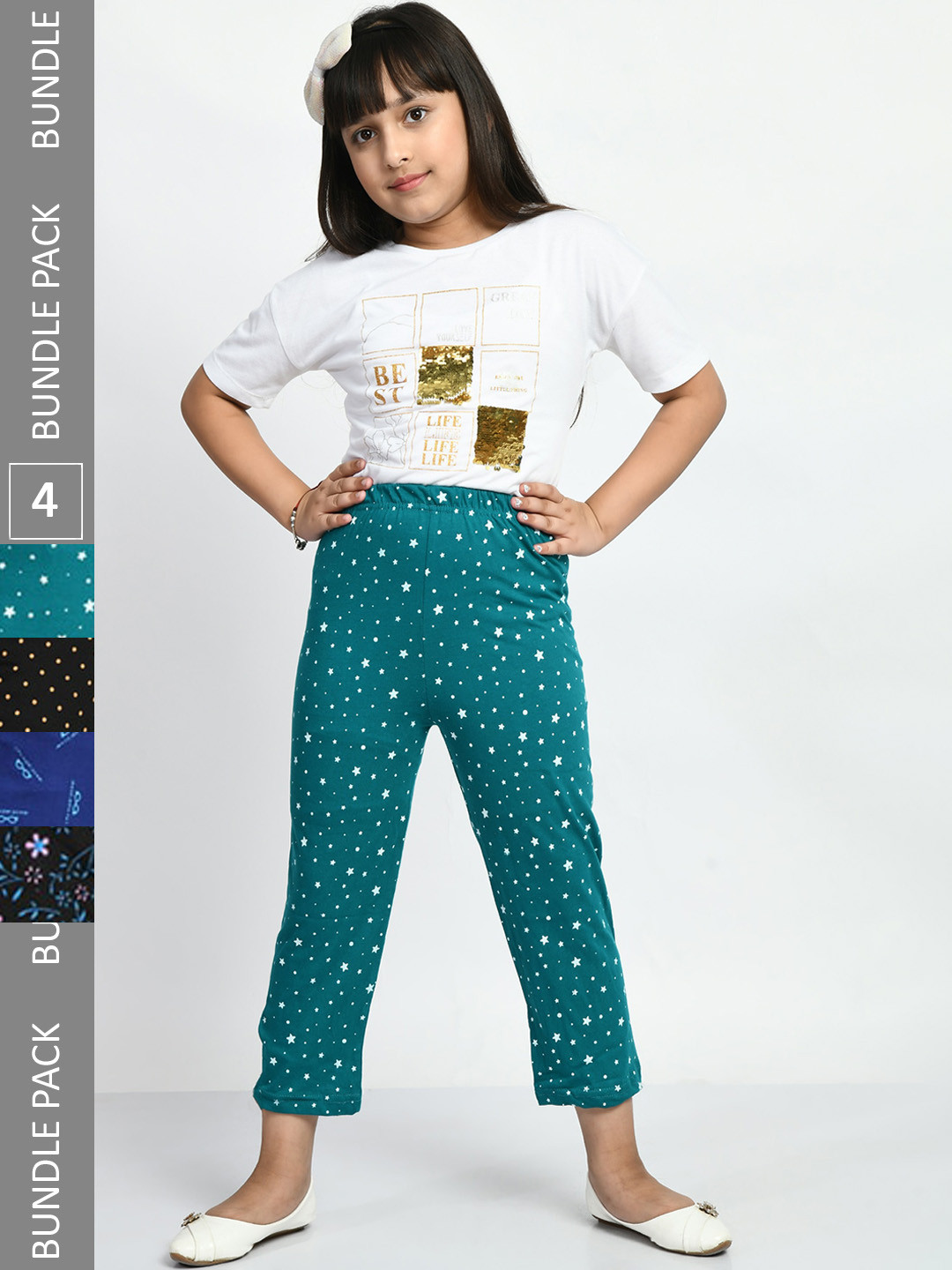 

BAESD Girls Pack Of 4 Printed Cotton Lounge Pants, Green