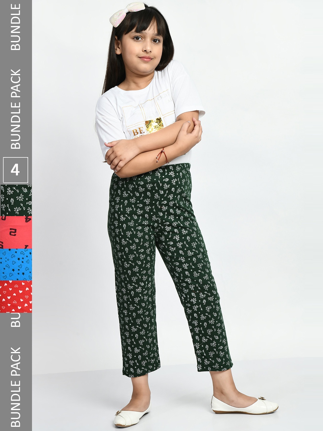 

BAESD Girls Pack Of 4 Printed Pure Cotton Lounge Pants, Green