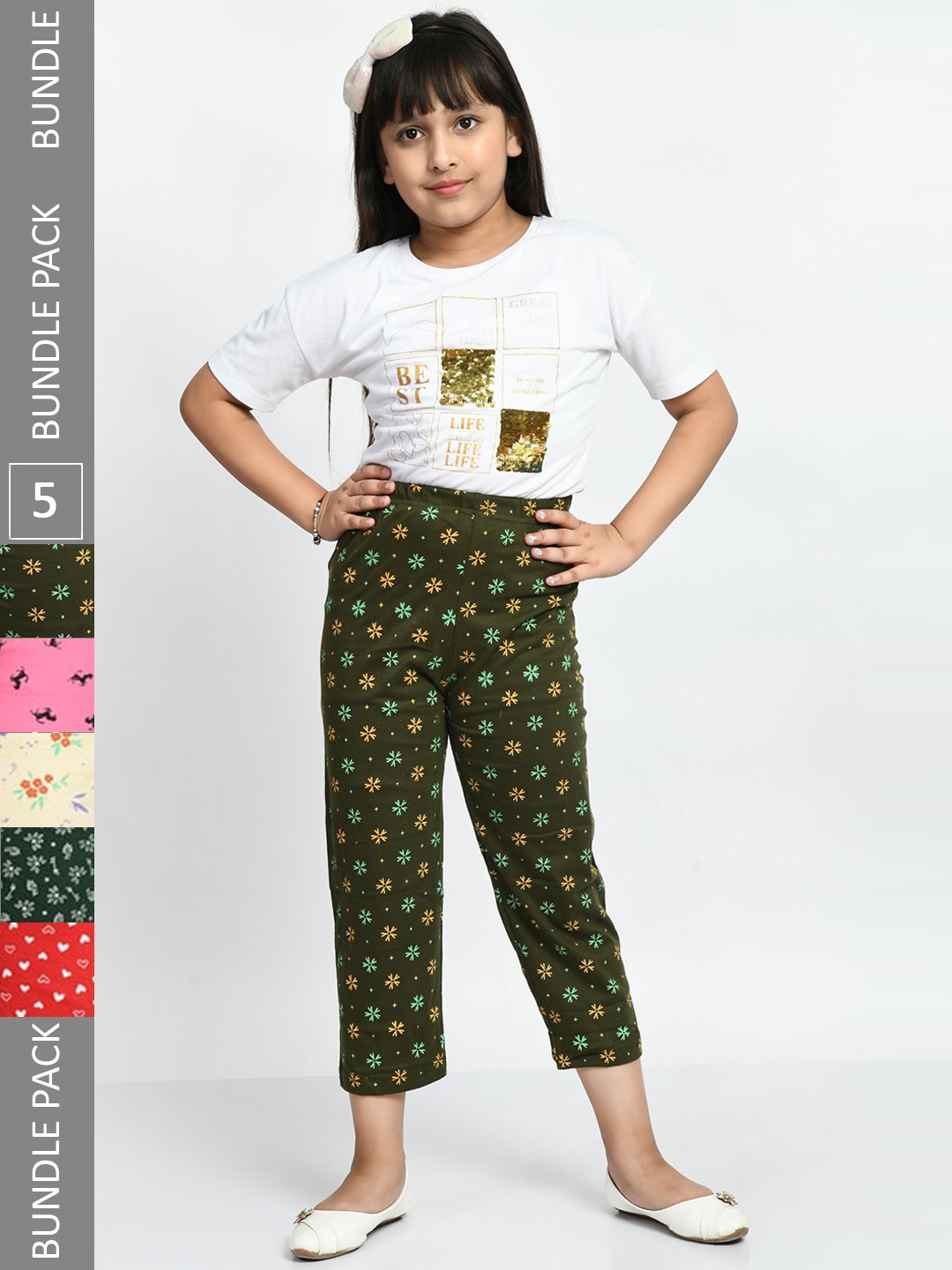 

BAESD Girls Pack Of 5 Printed Pure Cotton Lounge Pants, Olive