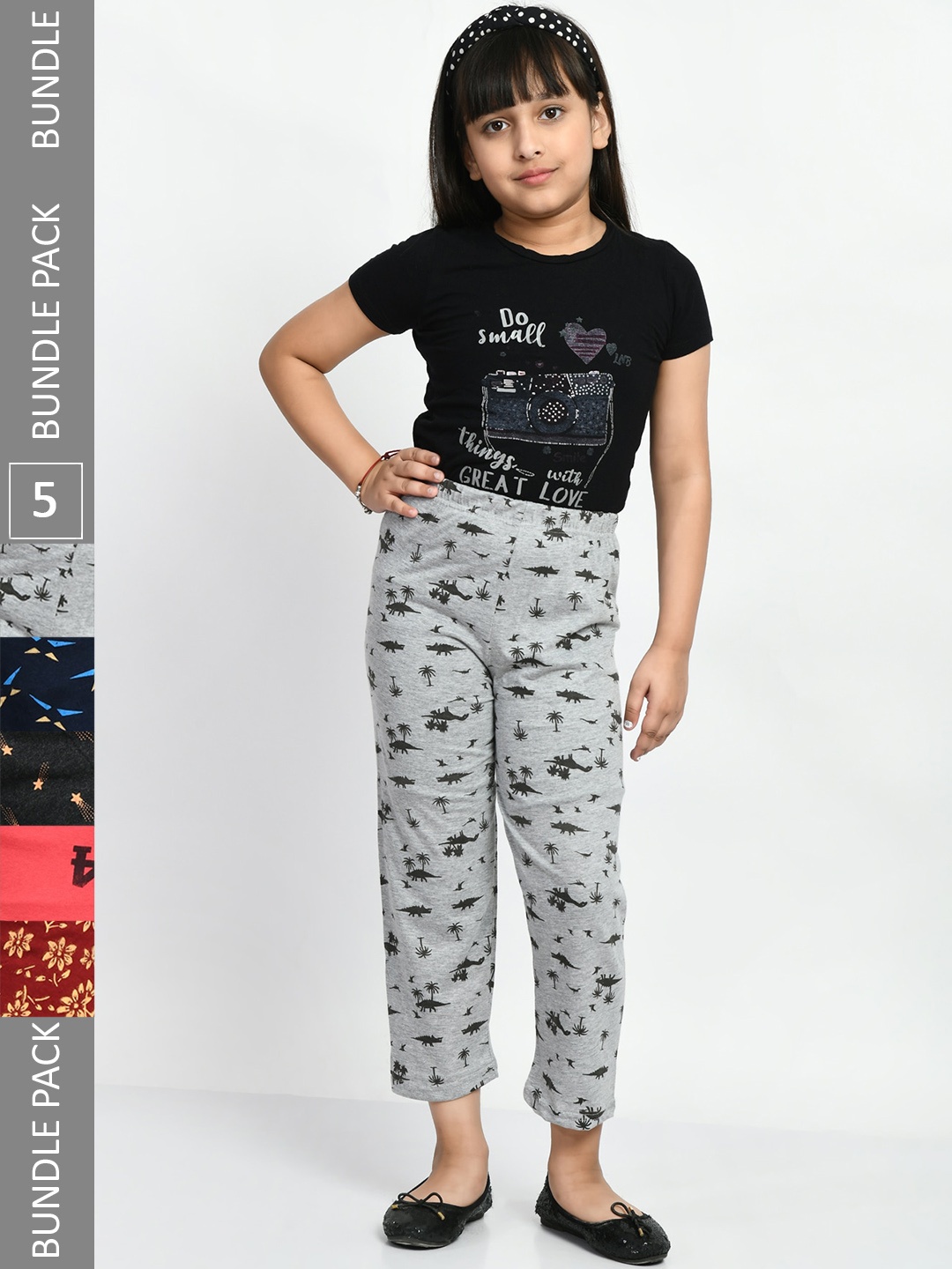

BAESD Girls Pack Of 5 Printed Pure Cotton Mid-Rise Lounge Pants, Grey