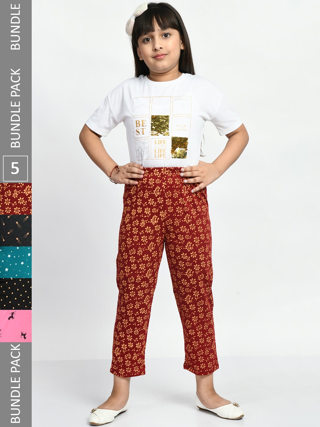 

BAESD Girls Pack Of 5 Conversational Printed Pure Cotton Lounge Pants, Maroon