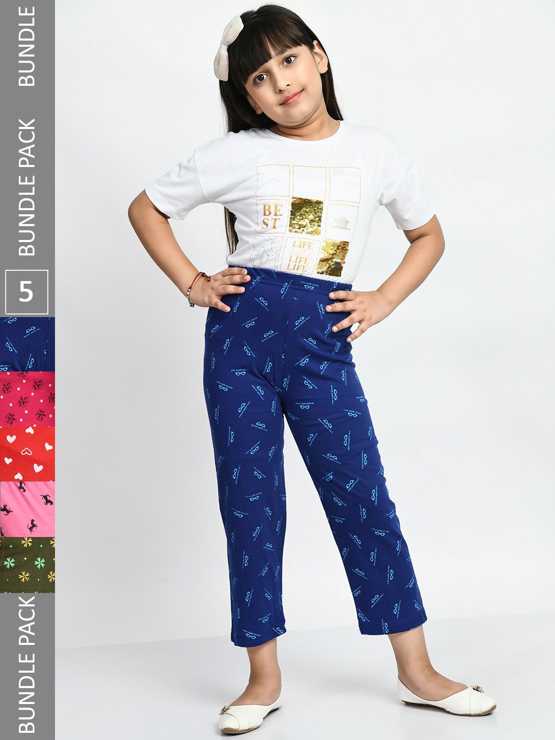 

BAESD Girls Pack Of 5 Conversatioanl Printed Pure Cotton Lounge Pants, Navy blue