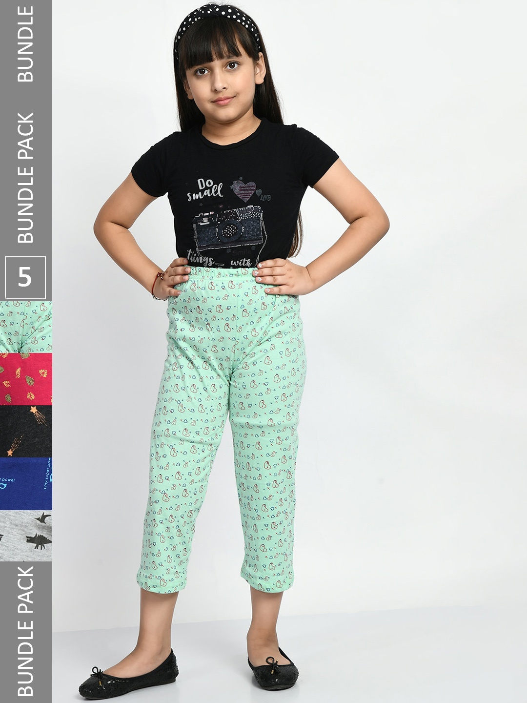 

BAESD Girls Pack Of 5 Printed Cotton Lounge Pants, Green
