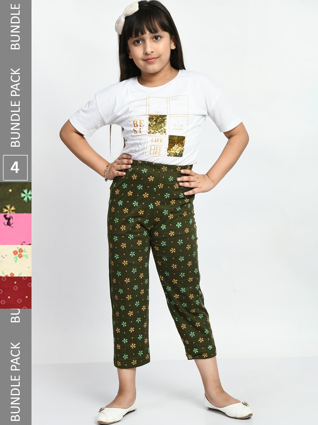 

BAESD Girls Pack Of 4 Printed Pure Cotton Lounge Pants, Green