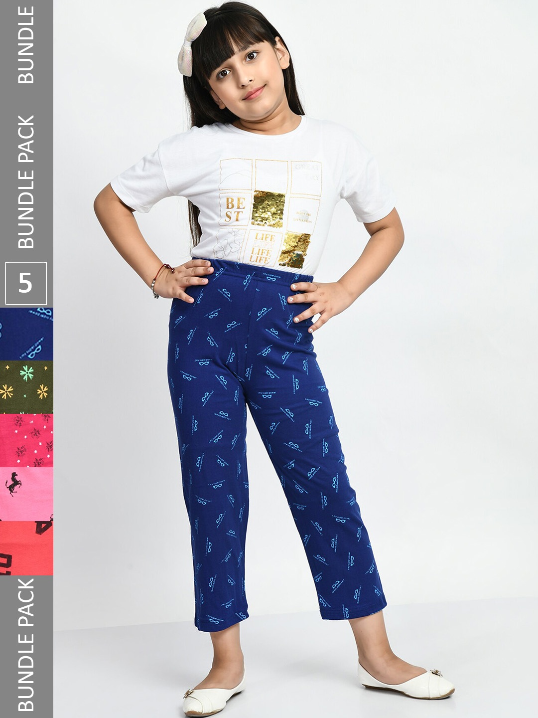 

BAESD Girls Pack Of 5 Printed Pure Cotton Lounge Pants, Blue