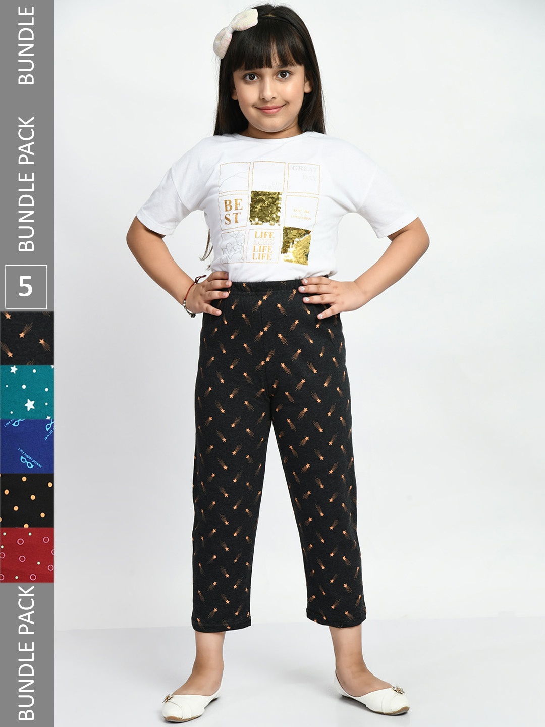 

BAESD Girls Pack Of 5 Printed Pure Cotton Lounge Pants, Black