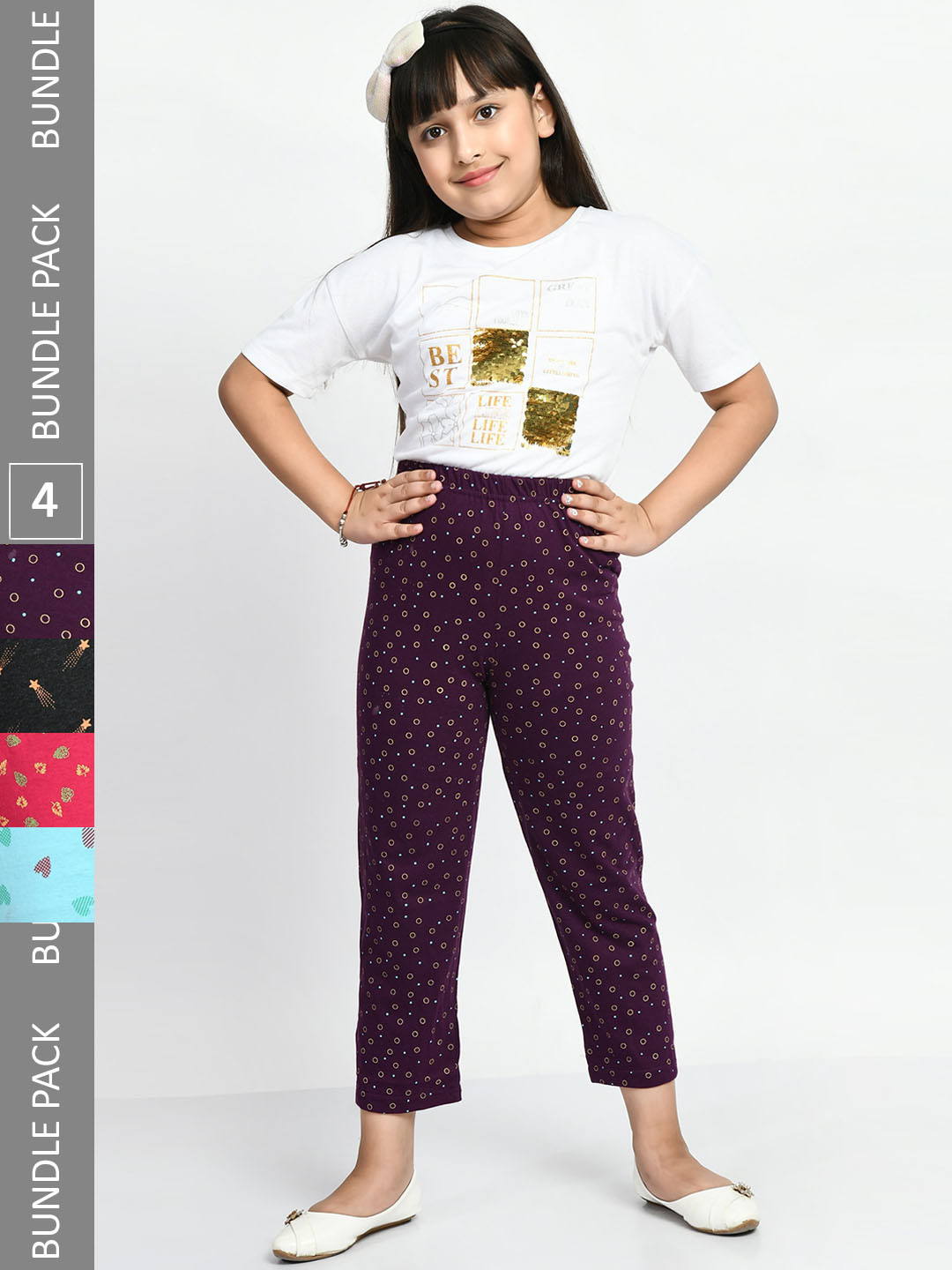 

BAESD Girls Pack Of 4 Printed Pure Cotton Lounge Pants, Burgundy