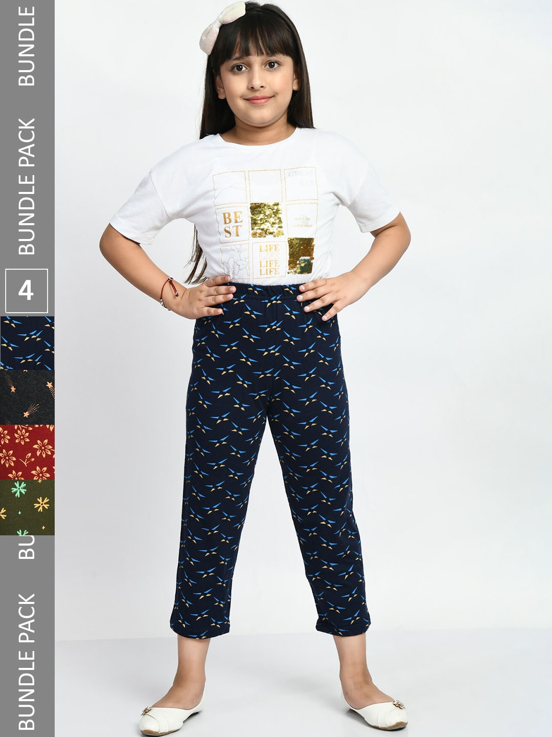 

BAESD Girls Pack Of 4 Printed Pure Cotton Lounge Pants, Navy blue