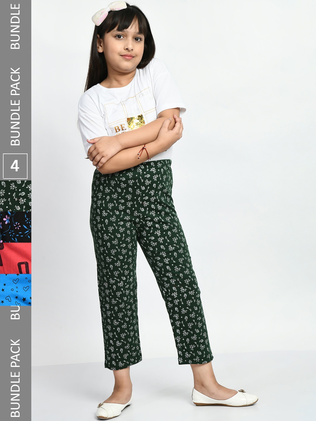 

BAESD Girls Pack Of 4 Printed Cotton Lounge Pants, Green