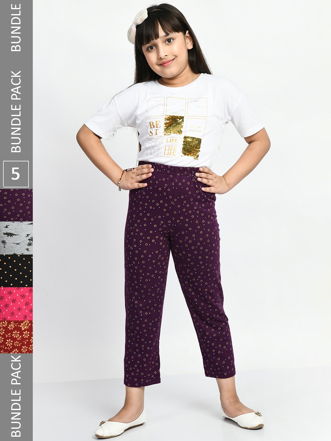 

BAESD Girls Pack Of 5 Printed Pure Cotton Lounge Pants, Purple