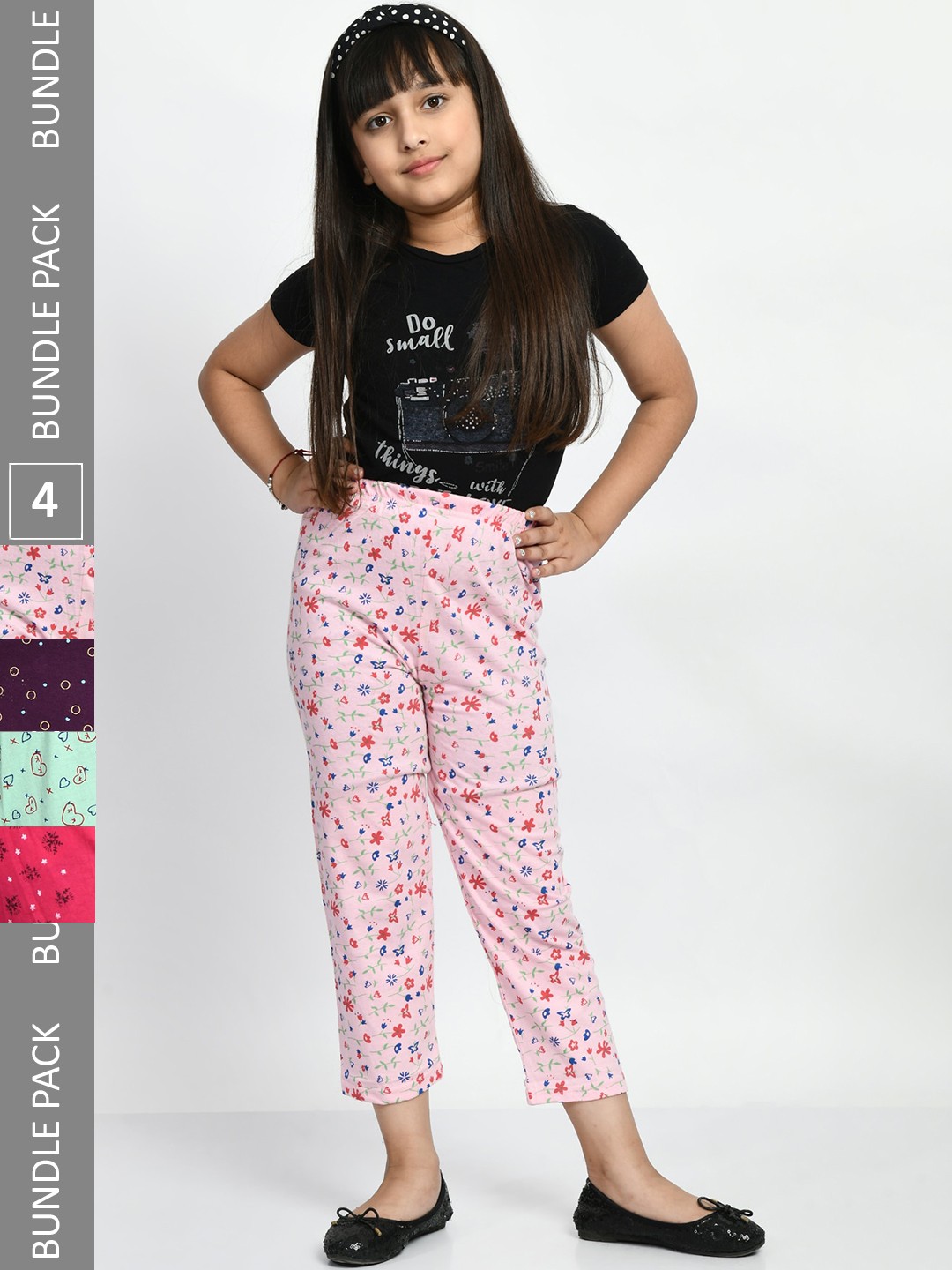 

BAESD Girls Pack Of 4 Printed Pure Cotton Mid-Rise Lounge Pants, Pink